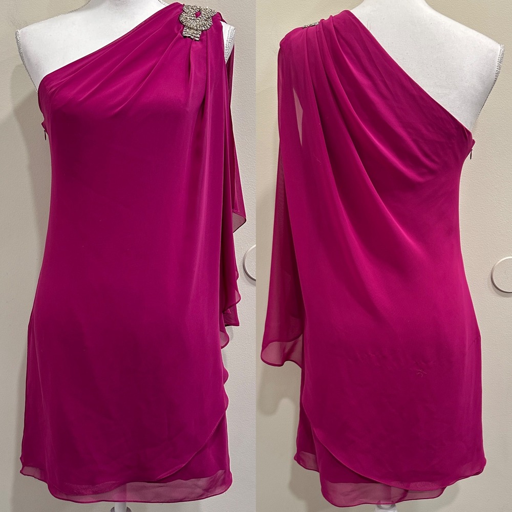 VTG Y2K Cache One‎ Shoulder Fuchsia Pink Chiffon Draped Cocktail Dress Toga Sz 2